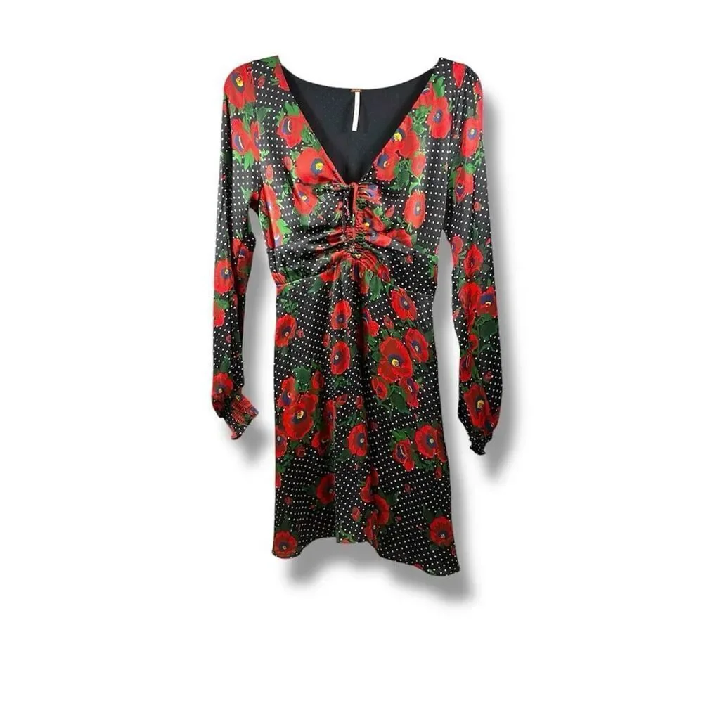 Free People Morning Light Flora Poppy Polka Dot Mini Dress in Black Red Size 6
